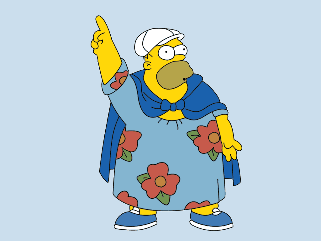 Homero obeso en vestido señalando hacia arriba.